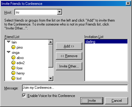 Invite Friends to Conference window. Select only one username.